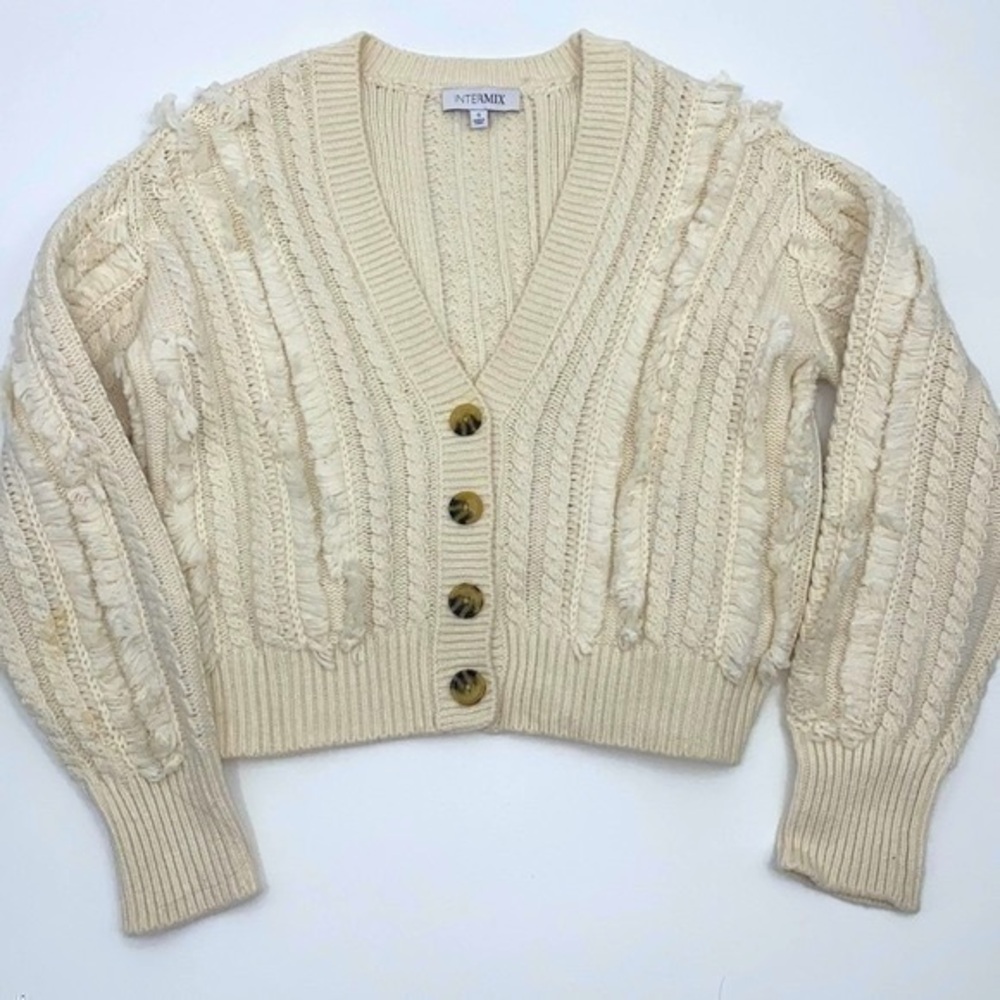 UEC Intermix fringed cable knit v-neck cropped cardigan sweater small